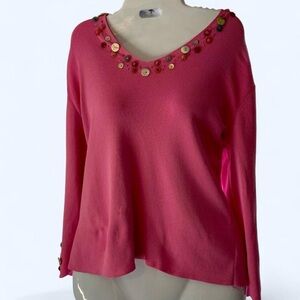 Pink V-Neck Sweater with Colored Button Accents and Slit Sleeves M